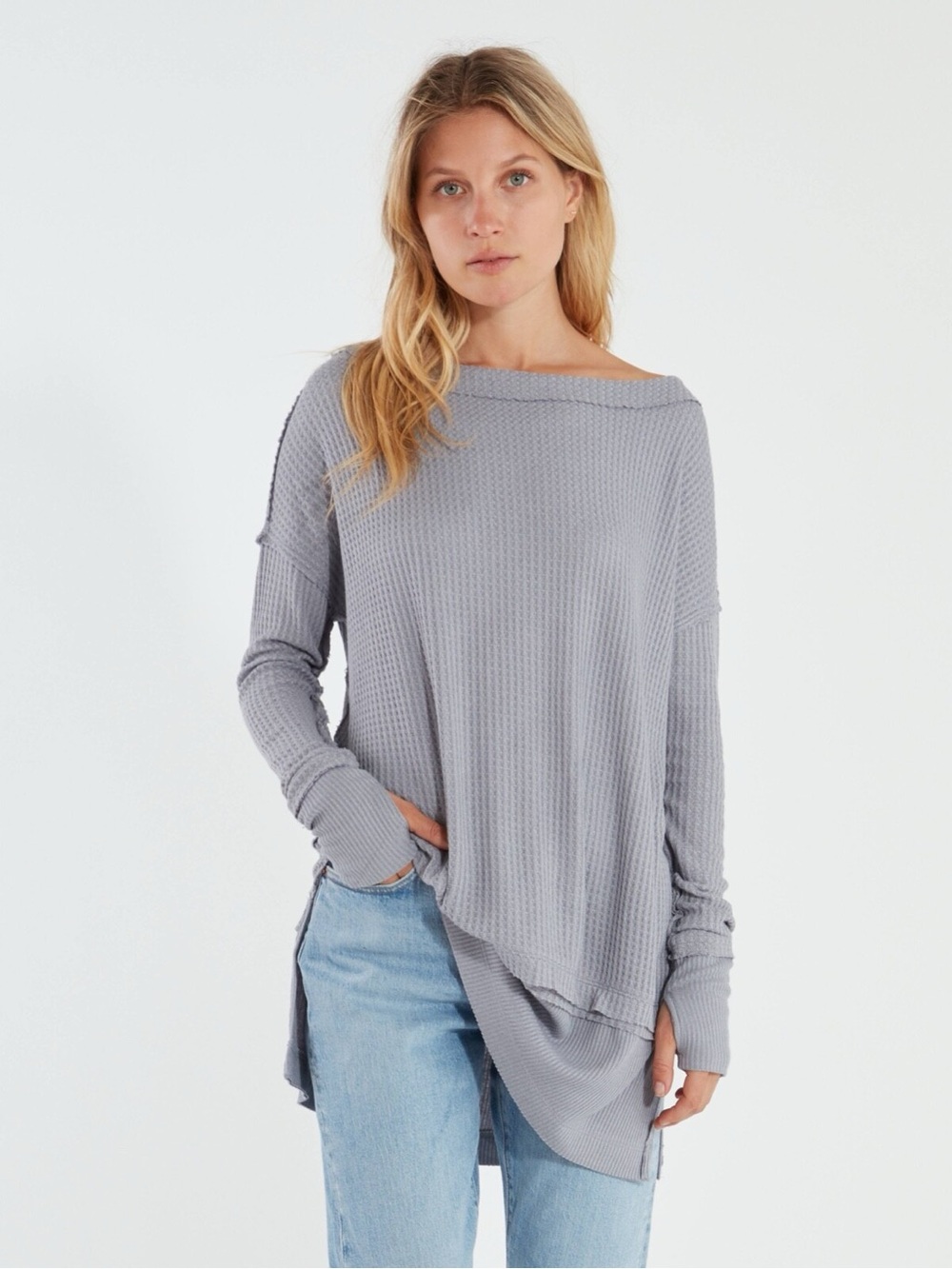 Free People Gray Waffle-Knit Long-Sleeve Tee